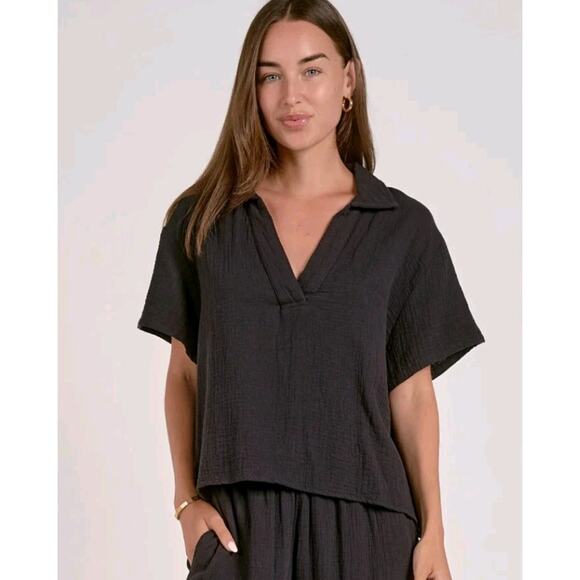 Elan Gauze Blouse 100% Cotton Relaxed Short Sleeve Collared V Neck Shirt Popover - Picture 1 of 7